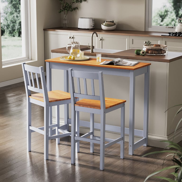 New Honey & Grey Solid Pine Wood Dining Table + 2 Chairs RRP £230 Our Price £145