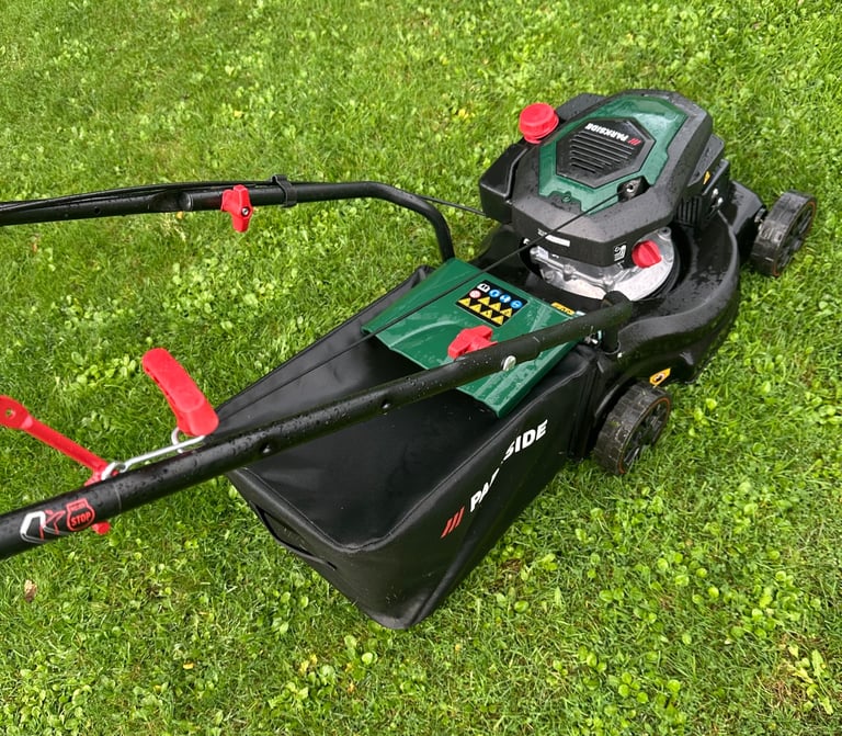 Parkside 16”cut petrol lawnmower As NEW maintenance free poly deck mower 