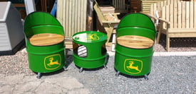 Oil drum clocks and chairs seats john deere massey harley Ford Shell 