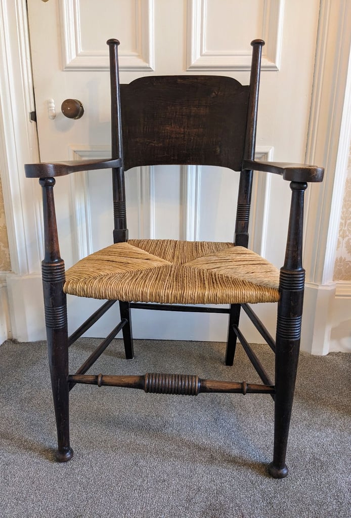 image for Antique Oak Arts and Crafts Chair with rush seat.