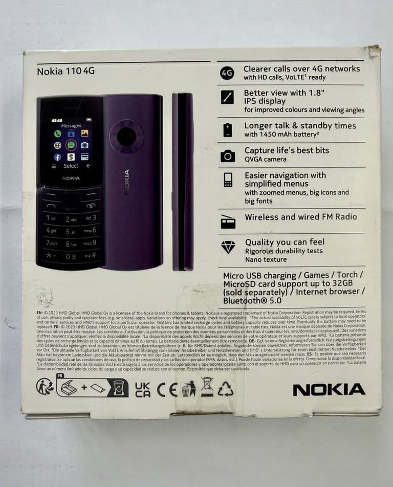 Nokia 110 4G Blue Dual Sim With Camera Unlocked FM Radio LED Torch Simple Keypad Phone