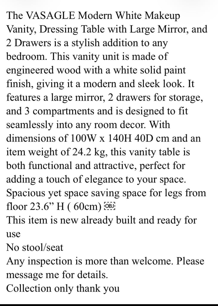 New  VASAGLE Modern Makeup Vanity Dressing Table 