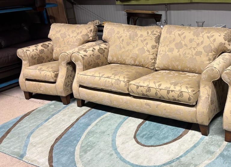 Flowers Pattern Beige Fabric 3 Seater Sofa and Chair 