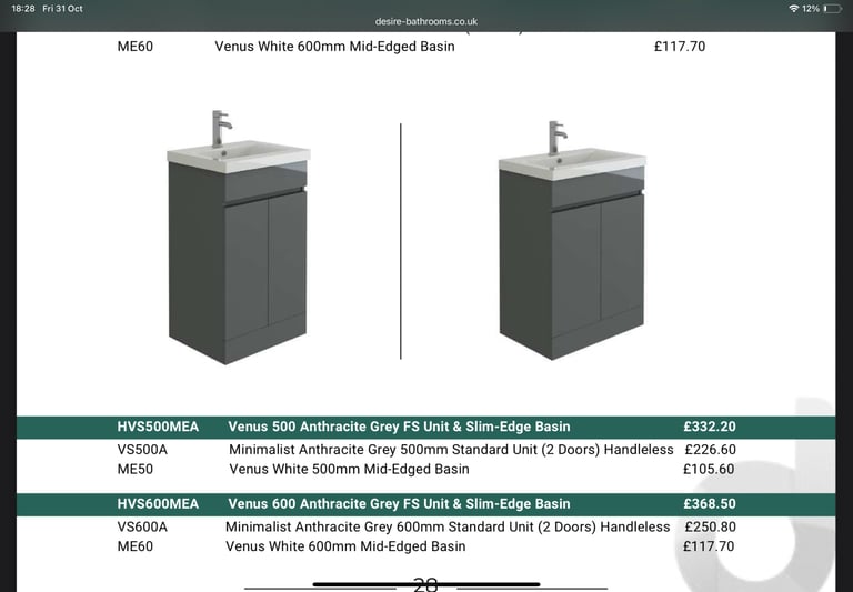 Desire bathrooms, vanity, basin, WC unit, BTW pan , seat, cistern, mixer &waste anthracite or white