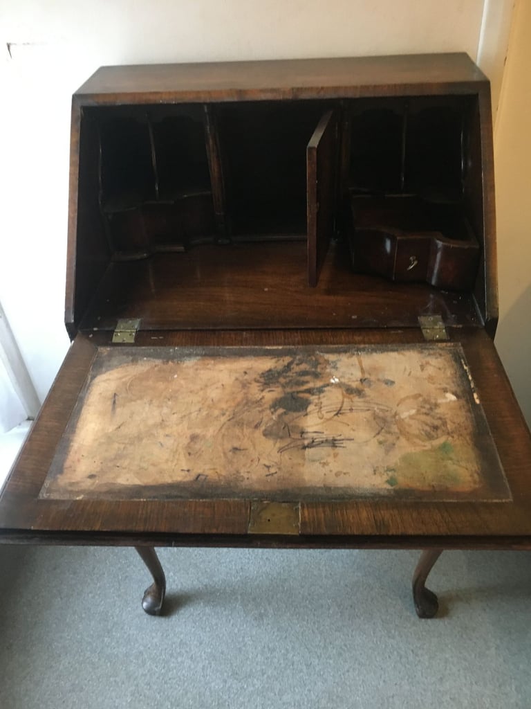 Antique Queen Anne Walnut Ladies Writing Bureau 1930's Secretaire 2 Drawers with Cabriole Supports