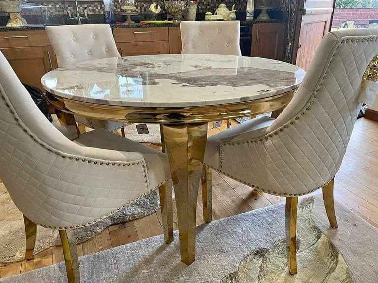 image for Knocker round table with 4 chairs grey gold cream colour near me