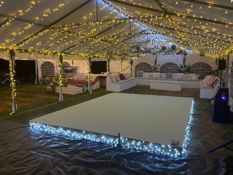 Wedding / Party Setup Including Marquees, Seating, Tables and Decorations.