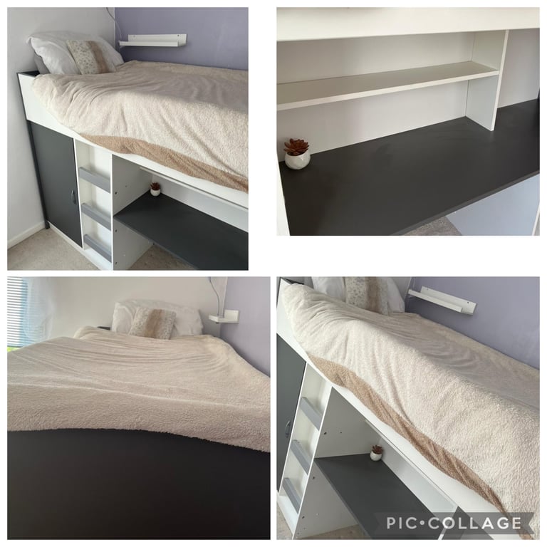 image for Cabin Bed with Desk & Wardrobe, Kids, Children, Storage - Grey & White