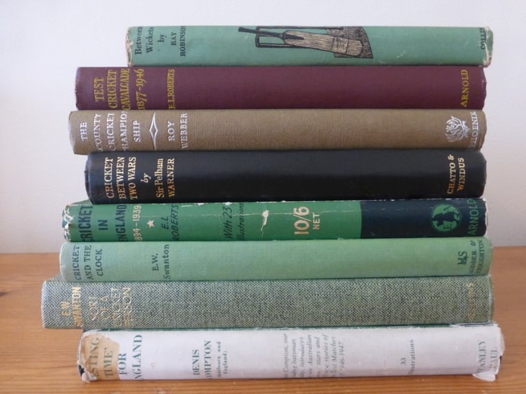 8 vintage Cricket hardback books - Pelham Warner, Swanton, Denis Compton etc. Mostly 1940s