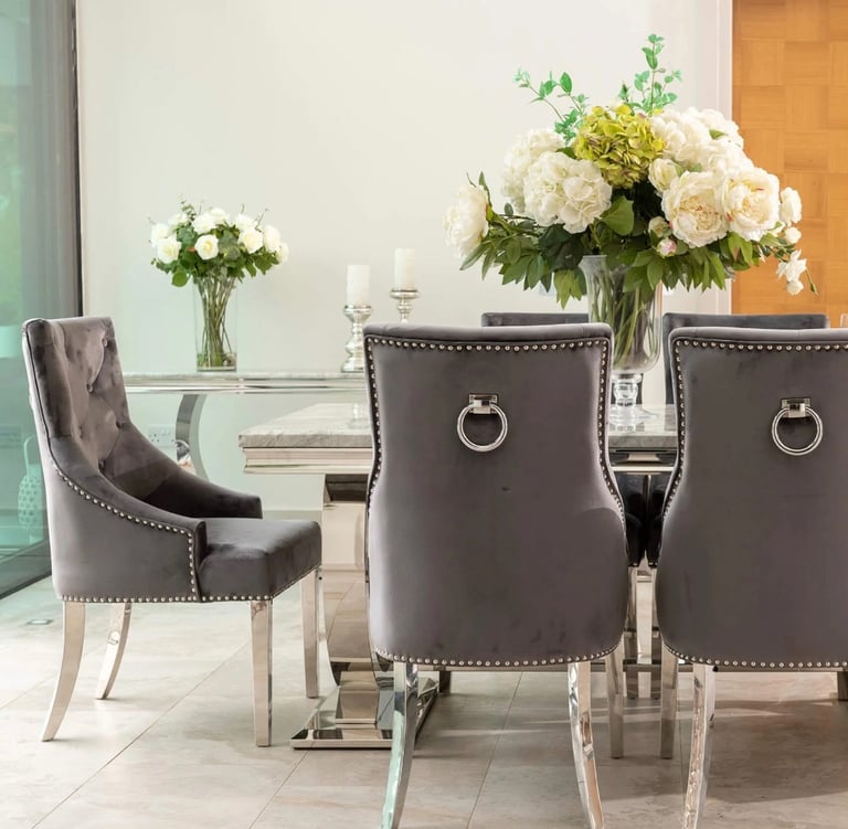 image for Black glass extendable table and 4 velvet knocker back chairs