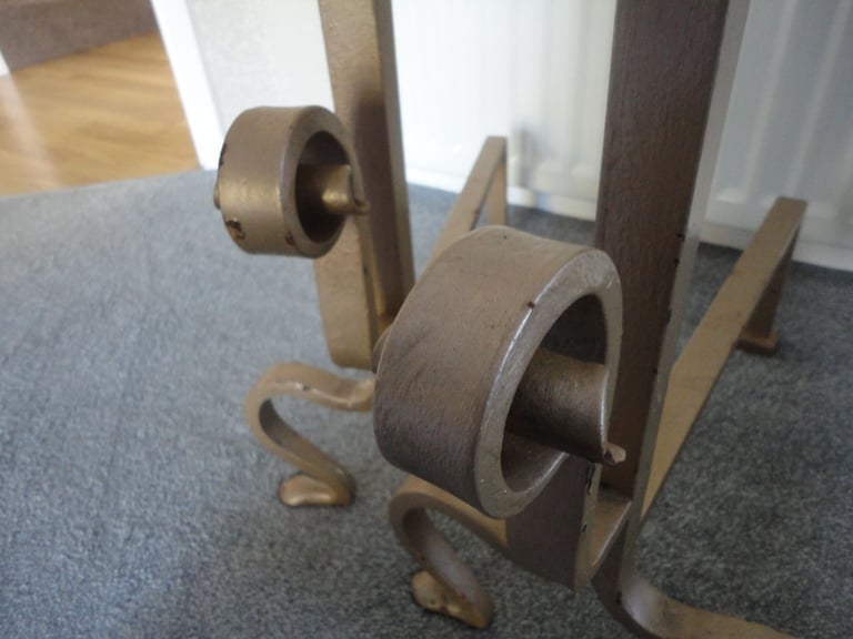 pair of heavy hand forged vintage ornate fire dogs , Andiron, wood burning fire 