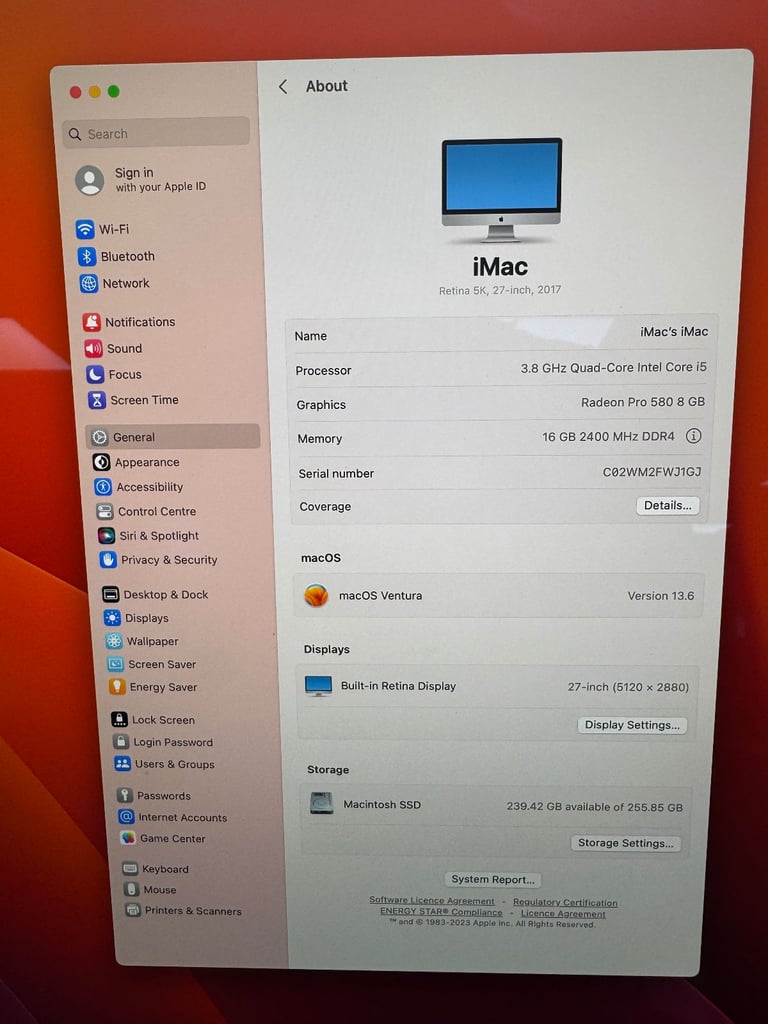 Apple iMac 27" 3.8GHz A1419 Mid 2017 Core i5 ATI Radeon Pro 580