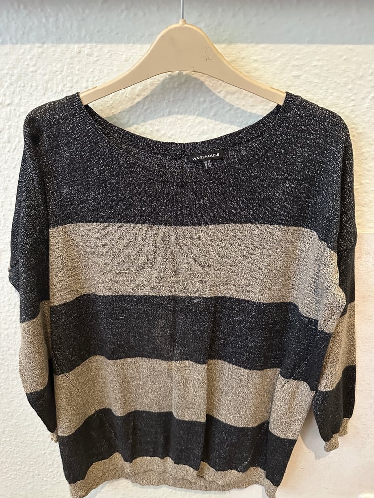Warehouse Petite Black & Beige Striped Jumper