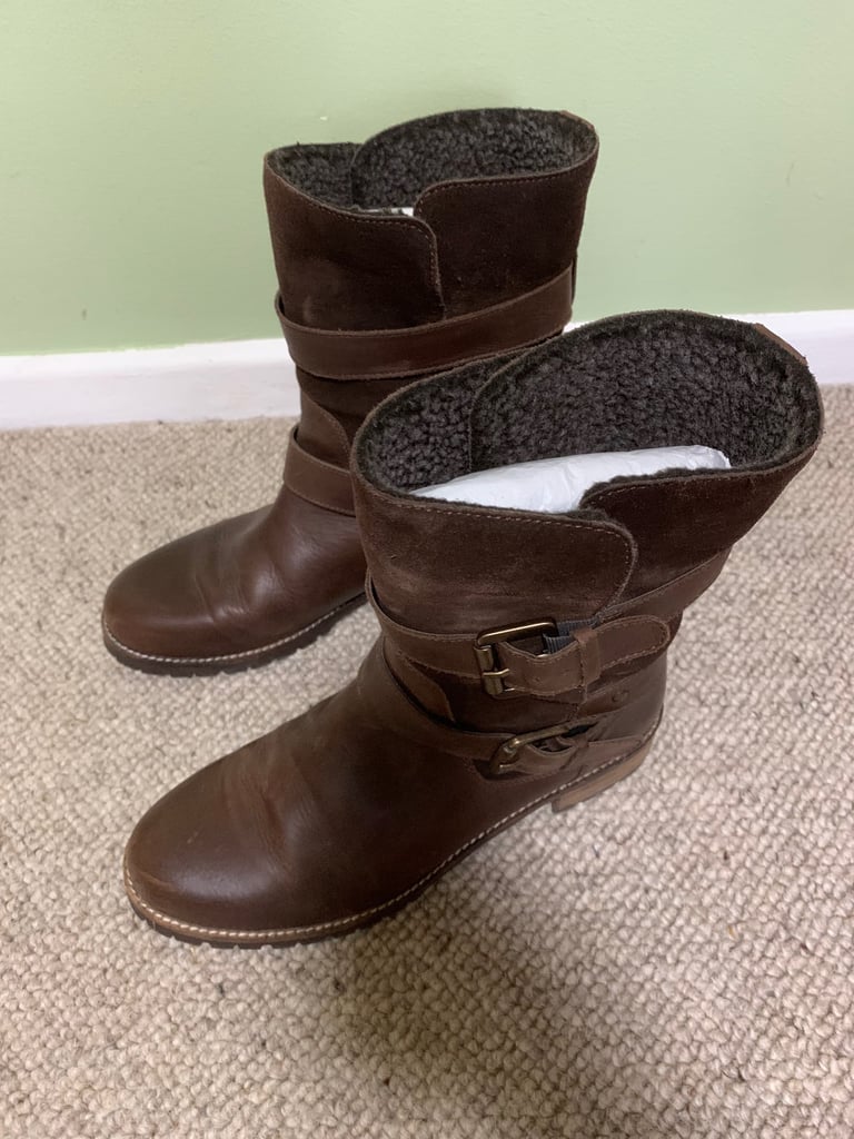 Fat Face Chocolate Brown Genuine Leather & Suede Biker Boots Size 7 / EU 40