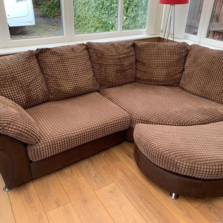 image for Brown Two-Tone 3-Seater Sofa + Footstool