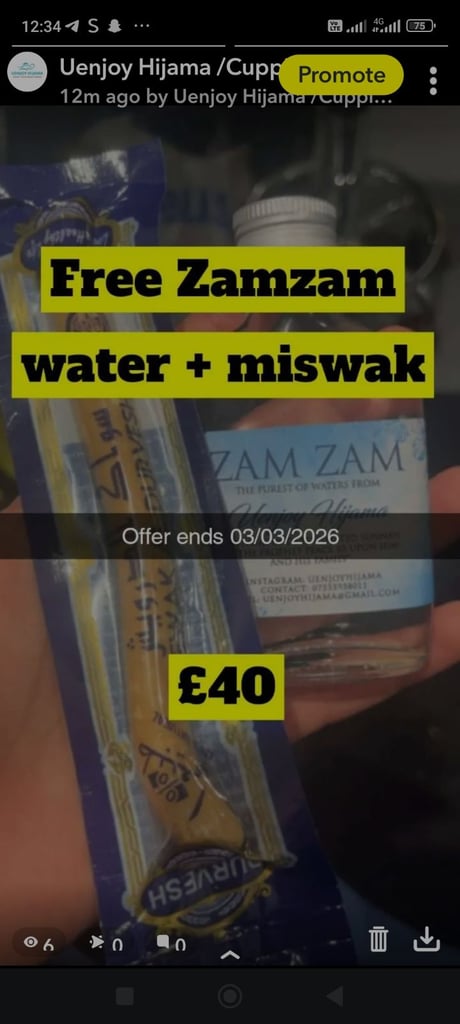 Free zamzam water + miswak (hijama)