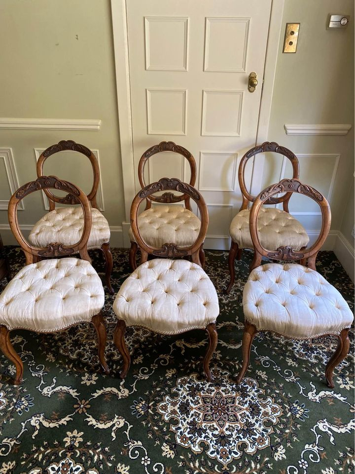 Antique Set of six Victorian walnut balloon-back chairs, button brocade upholstery.