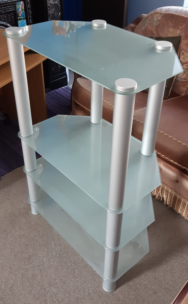Tv table with frosted toughened glass shelves