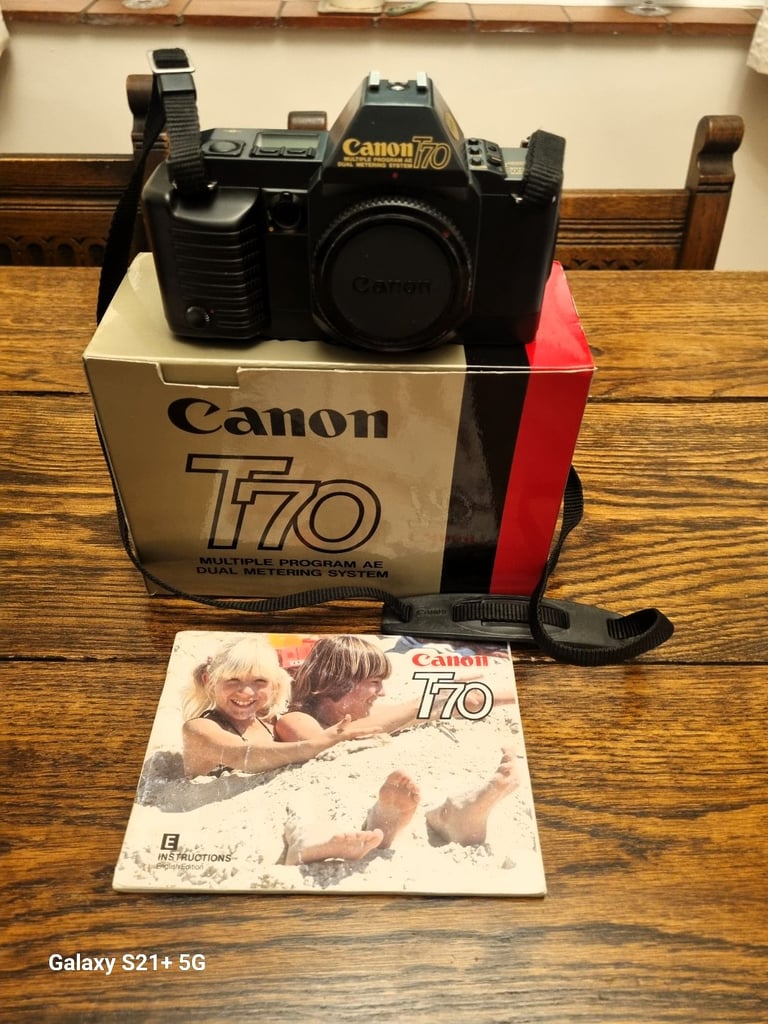 image for Canon T70 SLR Film camera, with two lenses data back and bag