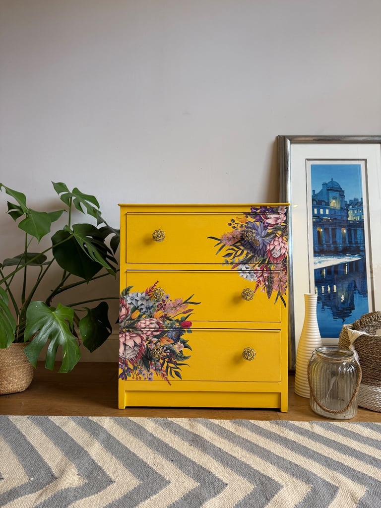 image for Small Chest of Drawers Bedside Table Yellow Painted , flowers transfer