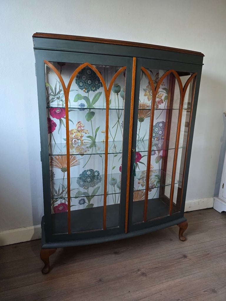 REFURBISHED  XL Antique Drinks Cabinet Cocktail Display Glass Wildflowers - Possible Local Delivery