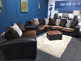 Gorgeous brown leather & velvet corner sofa & 2 seater plus footstool