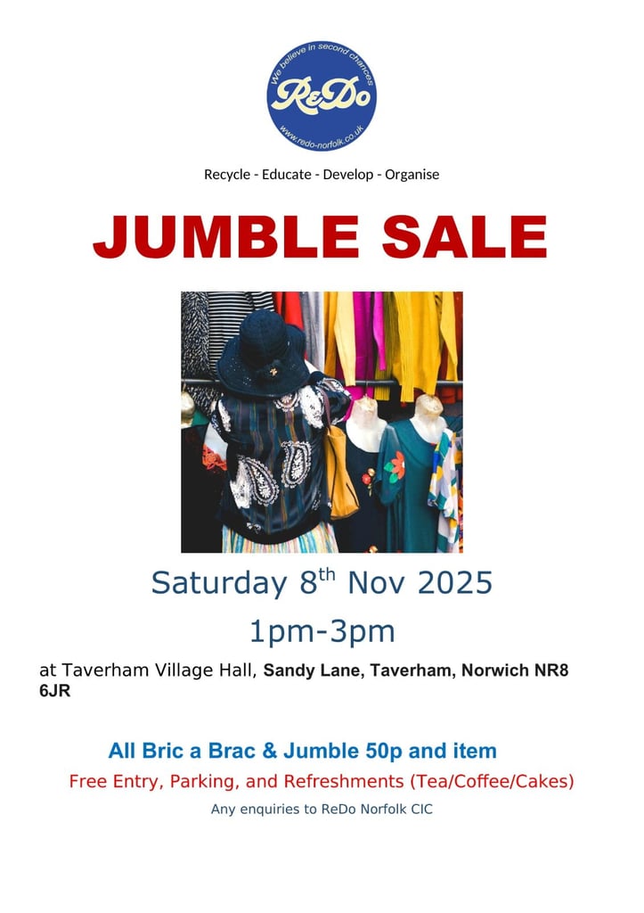 Jumble Sale Taverham Saturday 8th Nov 2025 1pm-3pm