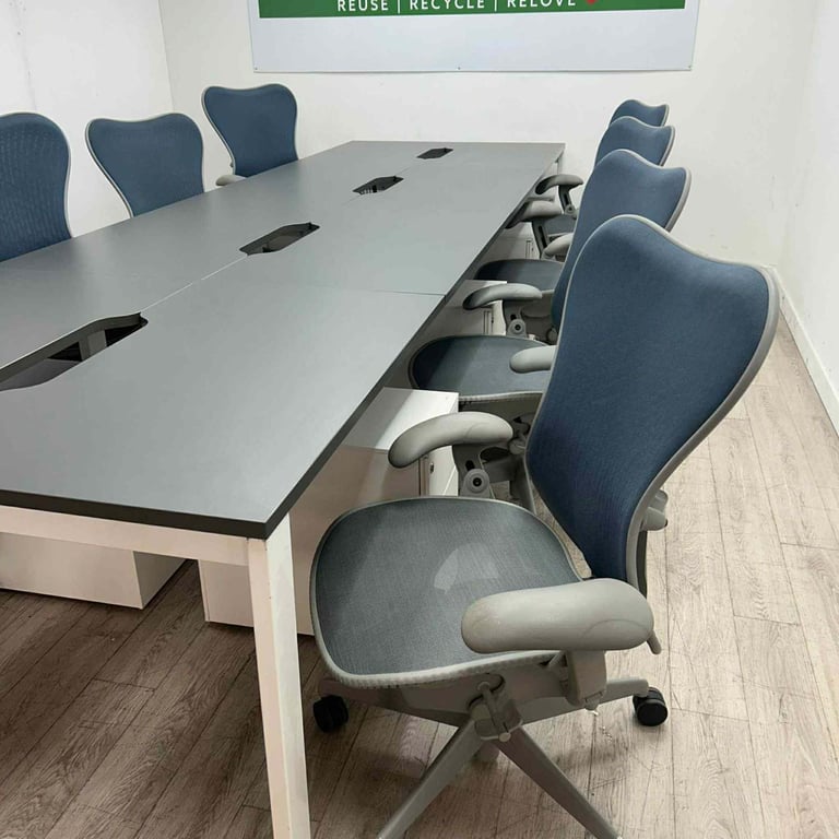 8-Person Bench Desking – Grey/White, Scalloped Tops for Cable Management