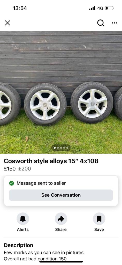 Rate 15” alloy wheels & tyres 4 x 108 Cosworth style ford audi 57.1 bore size car van