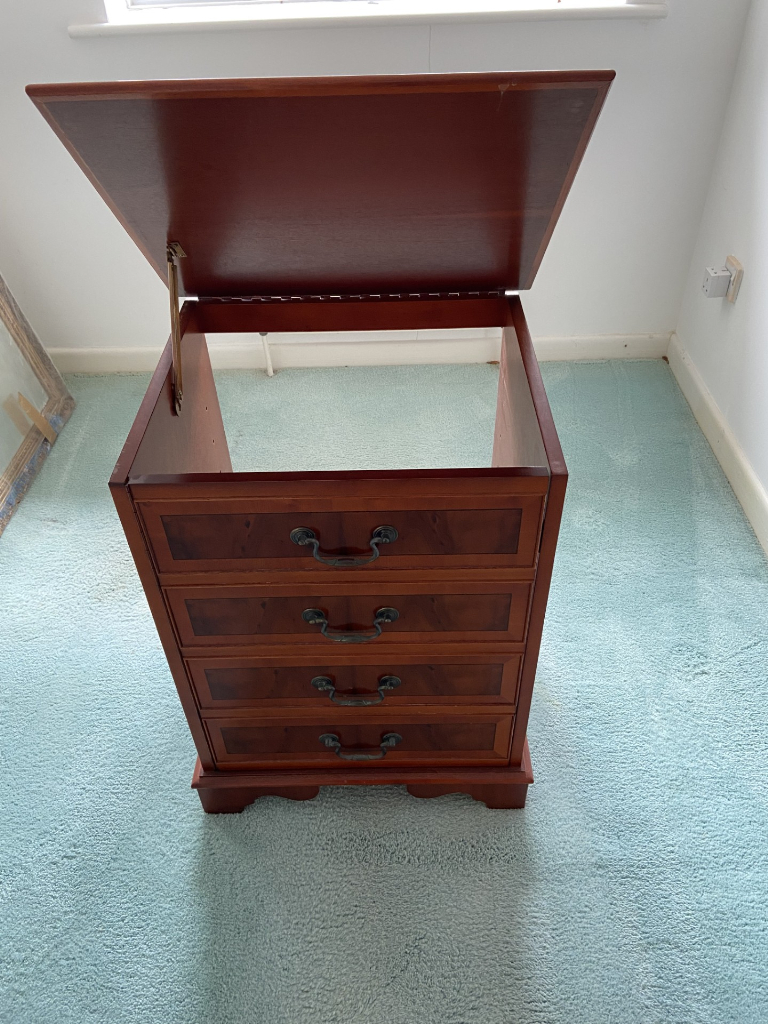 Drinks cabinet with hinged lift up lid, shelf and 2 drawers
