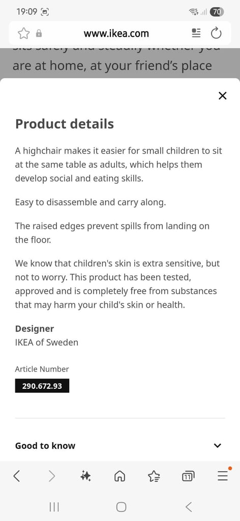 Ikea high chair with straps and tray