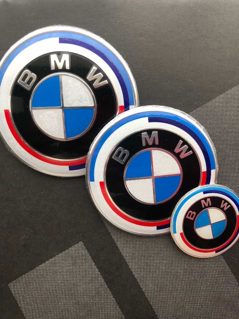 BMW 50th Anniversary 3 Piece Set (Badges 82MM, 74MM, Steering Wheel Emblem 46MM