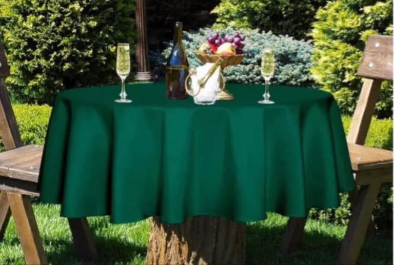 Green round satin table cloths & 1 top table cloth