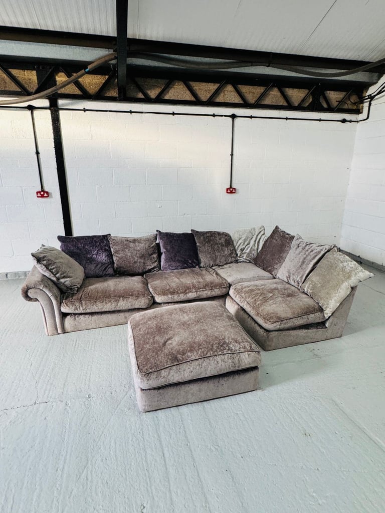 Crushed velvet corner sofa with footstool (comfortable, excellent condition)