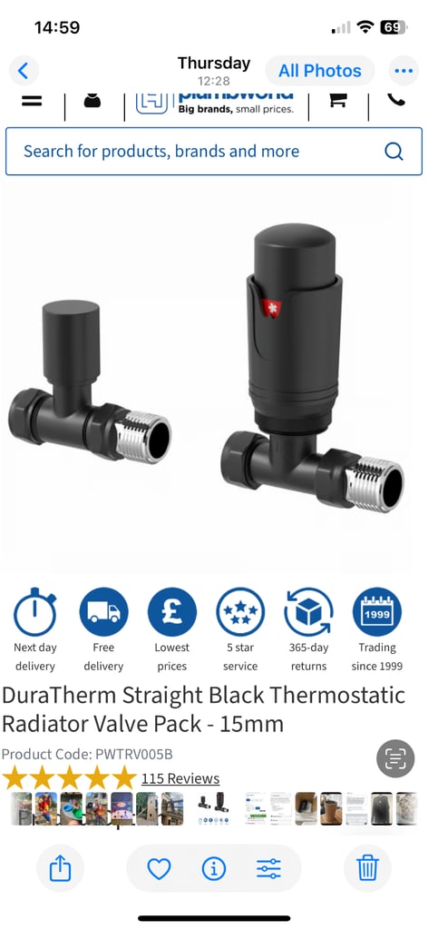 DuraTherm Straight Black Thermostatic Radiator Valve Pack - 15mm 