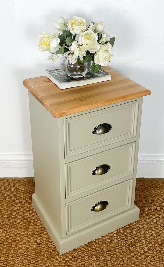 Chunky single solid pine bedside table chest of drawers painted creamy stone