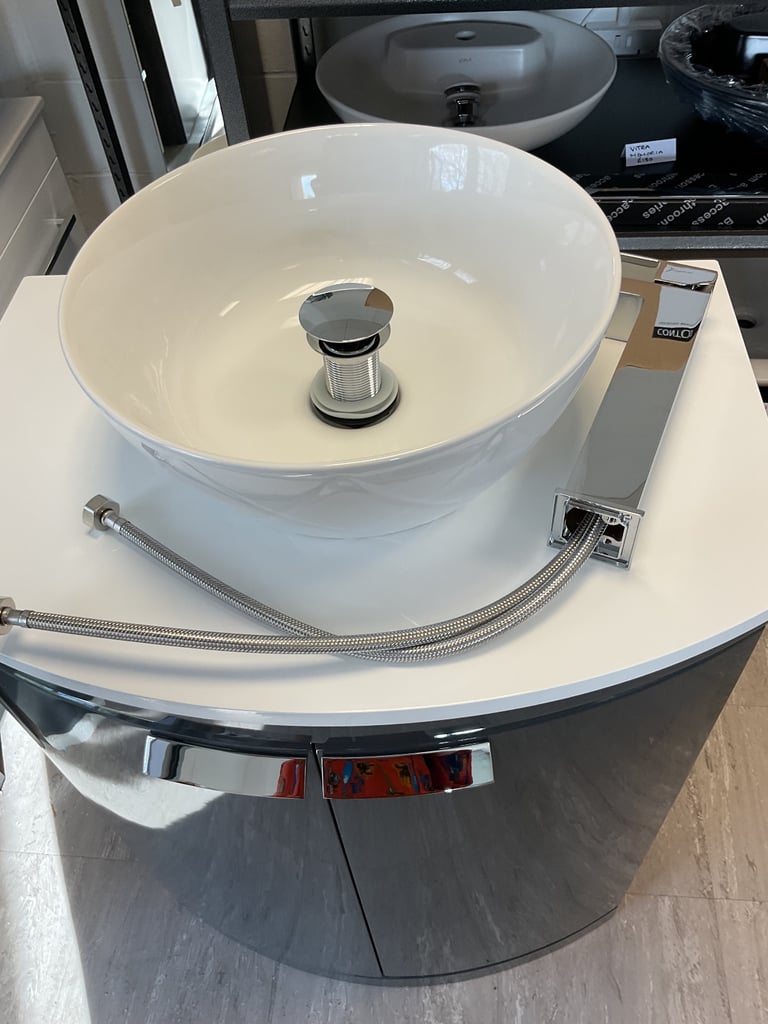 Tavistock Tempo 650mm curved vanity in Gloss dark grey, basin, mixer & waste