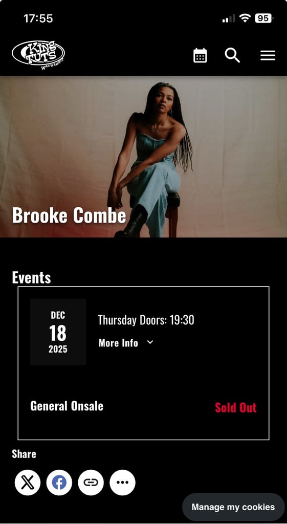 2 BROOKE COMBE TICKETS FOR KING TUT’S GLASGOW ON THU DECEMBER 18TH