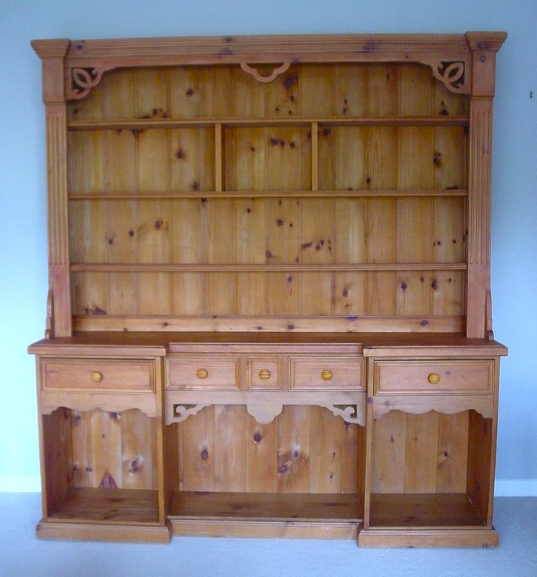 image for Attractive solid pine vintage dresser six feet wide with decorative woodwork