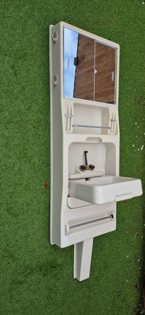 Vanity unit with folding sink for camper caravan motorhome boat.