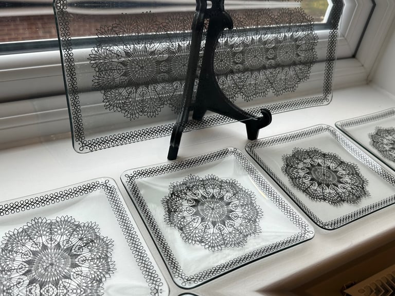 Vintage Chance Bothers Black Glass Rectangular Dish with 'Lace' Design Early 1950s