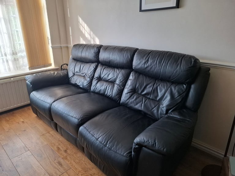 image for 3 seat black leather sofa with 2 electonic recliners and 1 matchine recliner chair