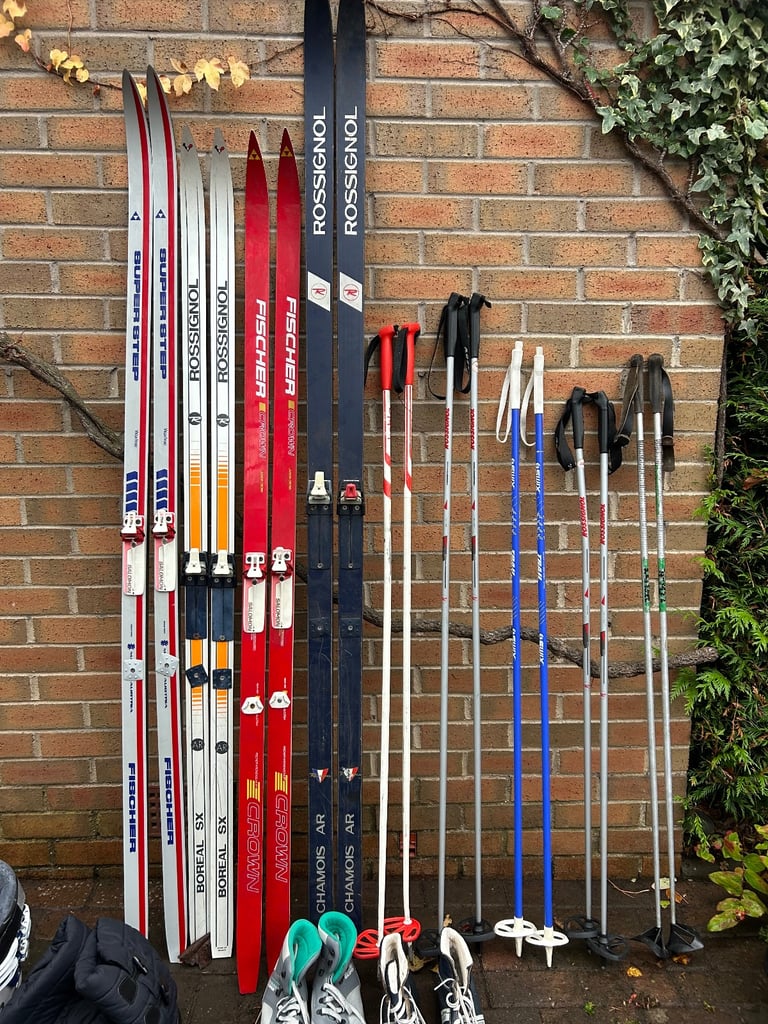image for Various cross country skis, poles and boots