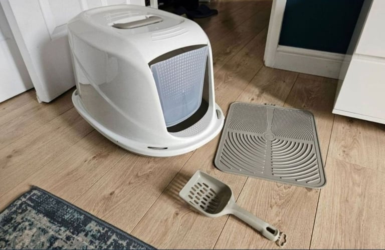 Cat Litter Tray + Waste Scoop + Tray Mat Set, Swing Flap Door, Carry Handle, Easy Cleaning
