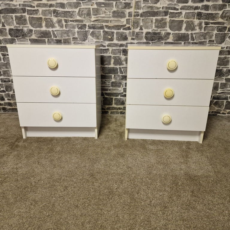 Pair of Vintage White 3-Drawer Bedside Chests