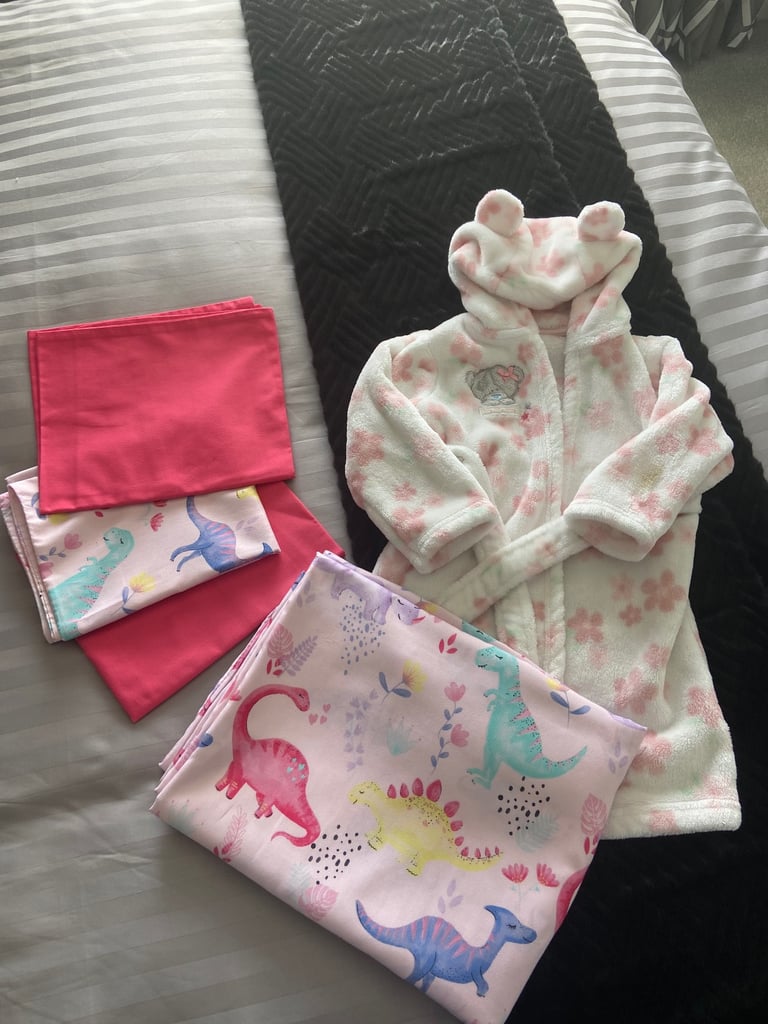 Set Of Pink Dinosaur Bed Linen & Tatty Teddy Dressing Gown 