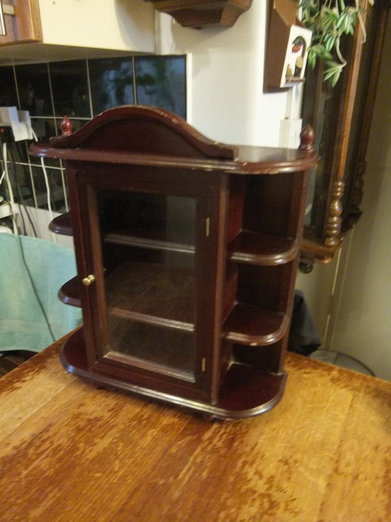 Vintage Wooden Display Cabinet Hanging or Tabletop with Glass Door 52x46cm
