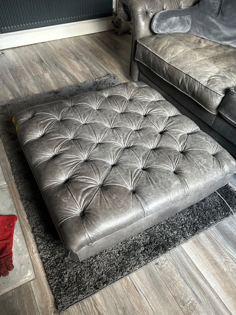 Grey leather chesterfield footstool