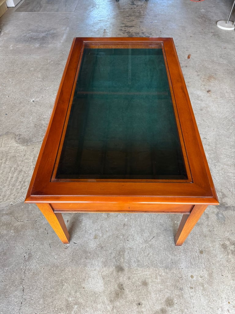 image for Solid cherry coffee table with glass top and drawer
