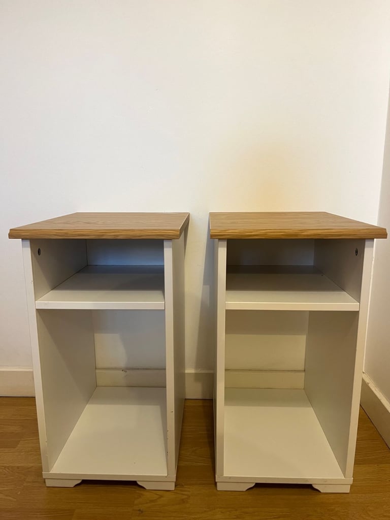 Pair of White & Oak Bedside Tables - Good Condition